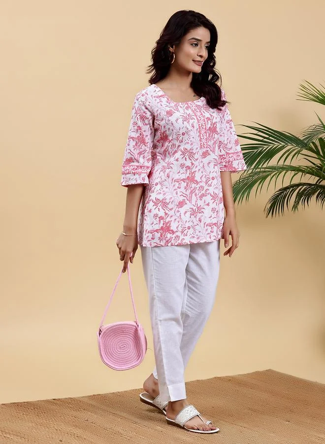 Libas  White Printed Cotton Straight Kurti for Women | Best Price UAE