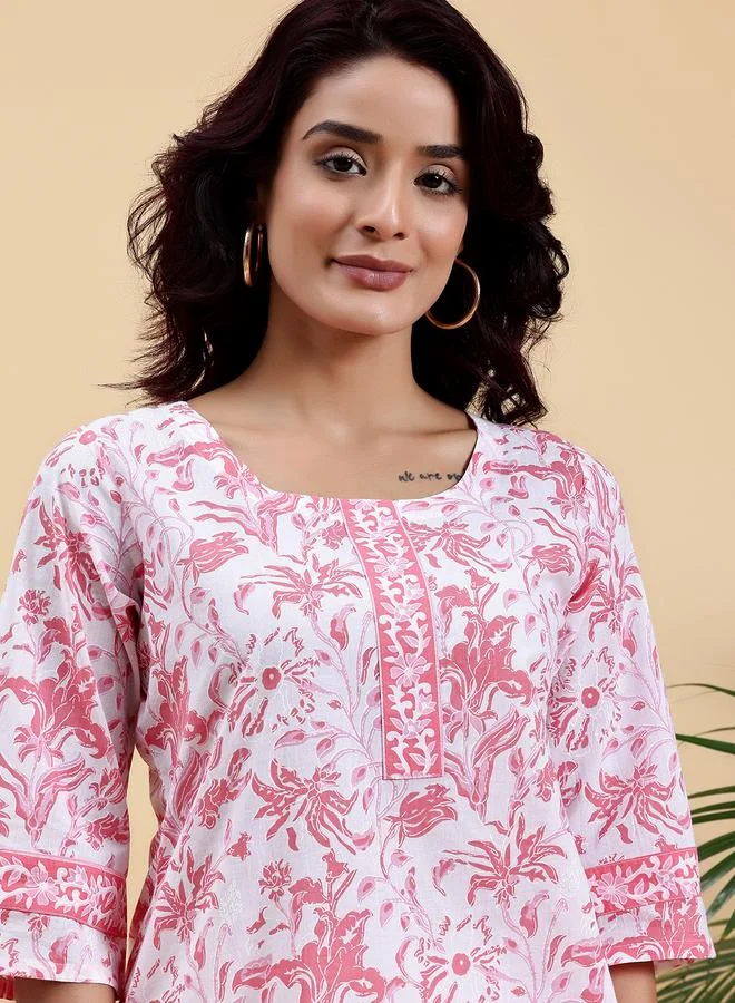 Libas  White Printed Cotton Straight Kurti for Women | Best Price UAE