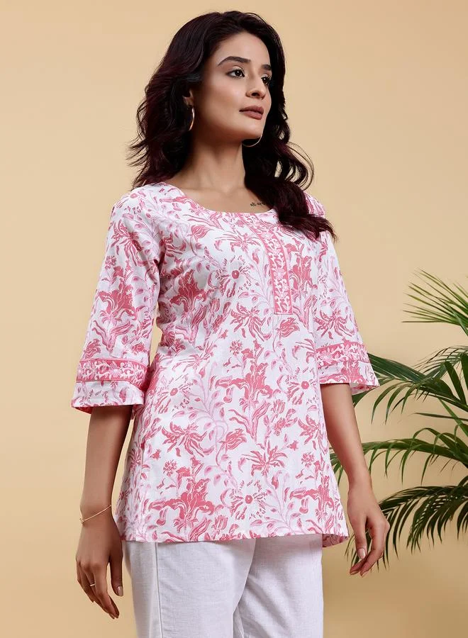 Libas White Printed Cotton Straight Kurti