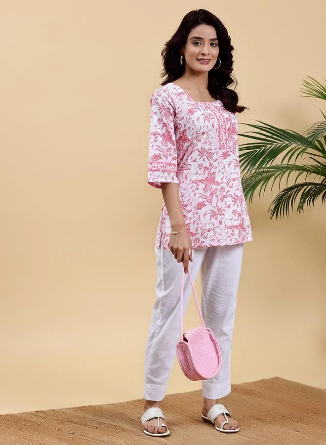 Libas  White Printed Cotton Straight Kurti for Women | Best Price UAE