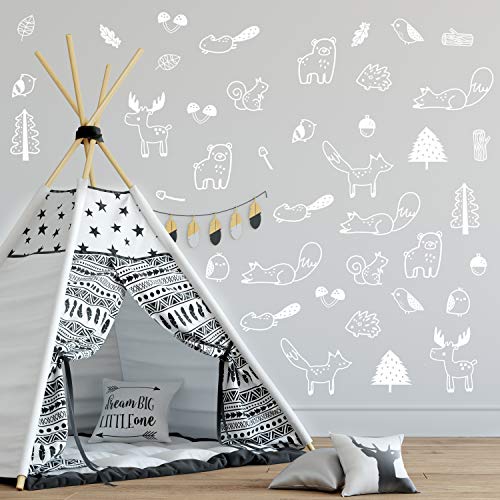 The Boho Design Forest Animal Wall Decals Peel and Stick for Kids, Baby Bedroom Nursery and Living Room. 36 pcs Adhesive Vinyl Wall Stickers Decor (White) - Image 1