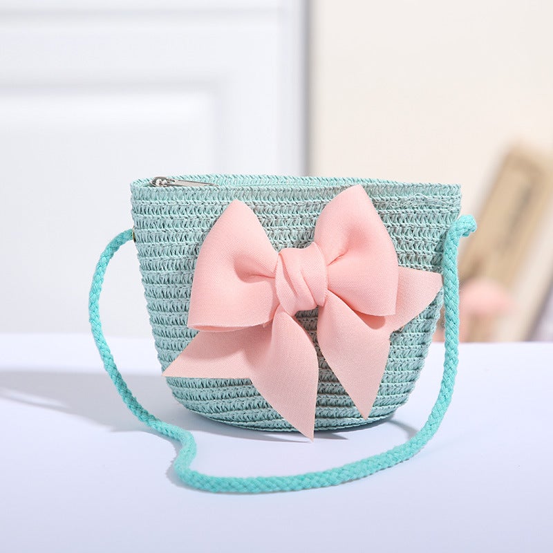 Handwoven Kids Princess Coin Purse Mini Fruit Crossbody BagThree-dimensional pink bow Green Three-dimensional pink bow Green