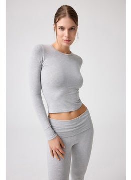 Los Ojos x Melodi Gray Melange Long Sleeve Short Blouse Long Fitted  - Image 5
