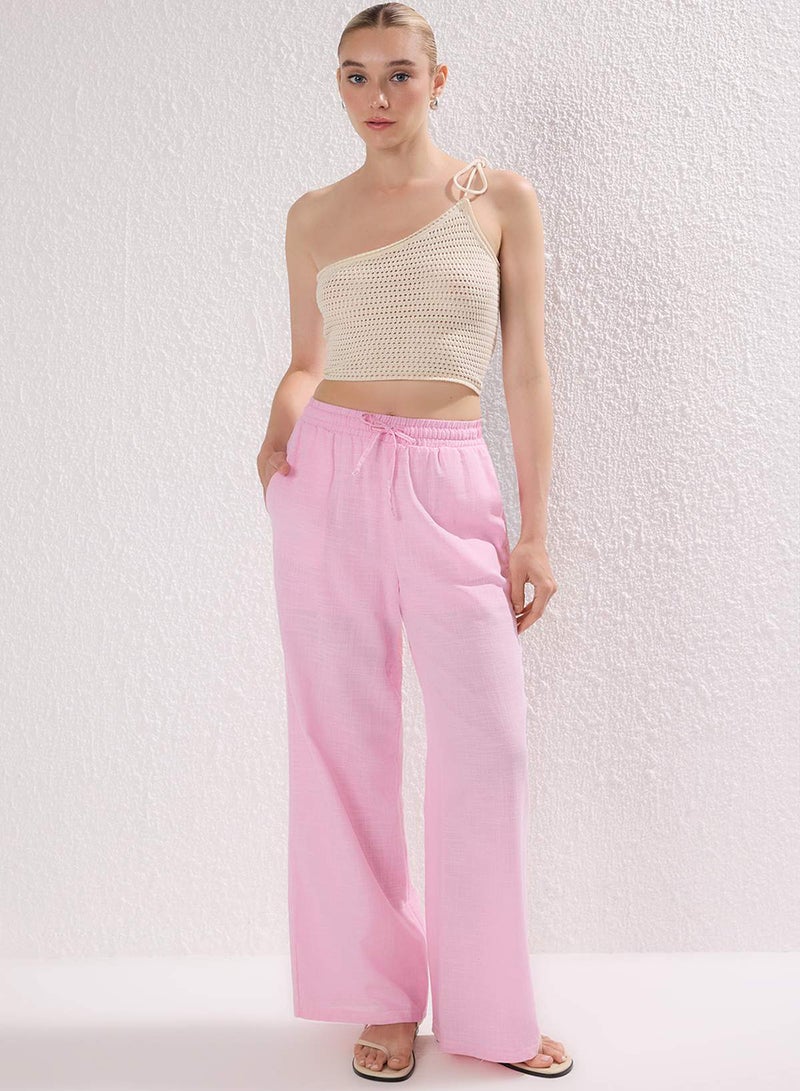 trendyol Light Pink Linen Look Wide Leg/Wide Leg Shorts Lined Elastic Waist Pants - Image 4
