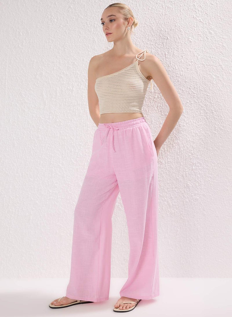 trendyol Light Pink Linen Look Wide Leg/Wide Leg Shorts Lined Elastic Waist Pants - Image 5