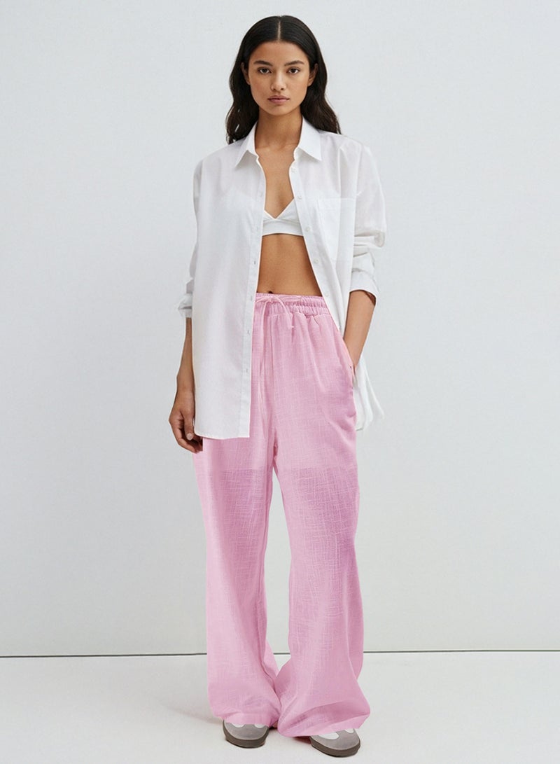 trendyol Light Pink Linen Look Wide Leg/Wide Leg Shorts Lined Elastic Waist Pants - Image 2