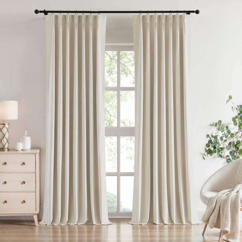 Vision Home Champagne Ivory Velvet Pinch Pleated Full Blackout Curtains Room Darkening Pleat Velvet Drapes 90 inch for Living Room Bedroom Thermal Insulated Window Panels with Hooks 40"Wx90"Lx2,Beige - Image 1