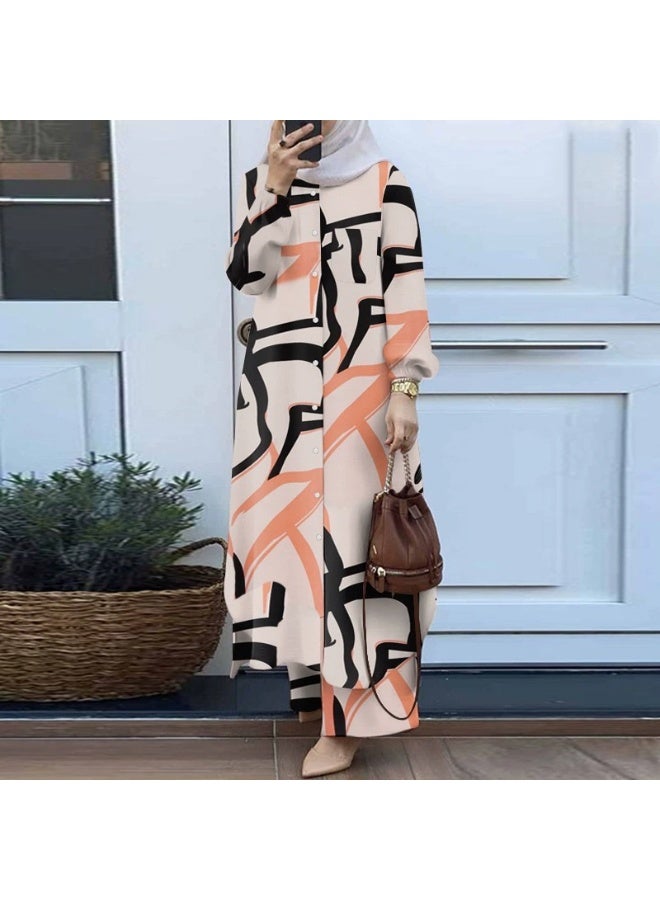 general 2 Piece Abayaa Set Women'S Daily Commuting Button Fastening Long Sleeve Shirt Top And Elastic Waist Wide Leg Pants - Image 1