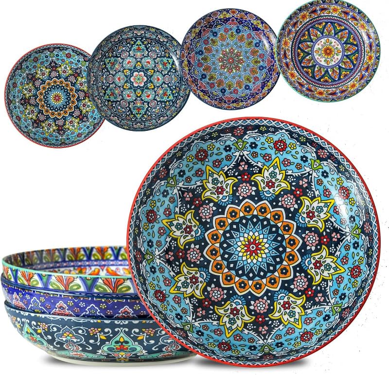 glowworm Pasta Bowls Set of 4, 42 oz Ceramic Salad Bowls for Kitchen, 9.7 Inch Colorful Serving Bowls for Soup, Dinner, Fruit, Dishwasher & Microwave Safe, Bohemian - Image 1