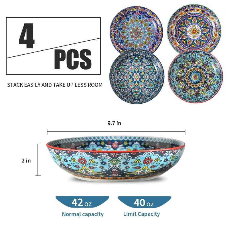 glowworm Pasta Bowls Set of 4, 42 oz Ceramic Salad Bowls for Kitchen, 9.7 Inch Colorful Serving Bowls for Soup, Dinner, Fruit, Dishwasher & Microwave Safe, Bohemian - Image 2