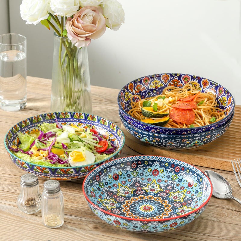 glowworm Pasta Bowls Set of 4, 42 oz Ceramic Salad Bowls for Kitchen, 9.7 Inch Colorful Serving Bowls for Soup, Dinner, Fruit, Dishwasher & Microwave Safe, Bohemian - Image 3