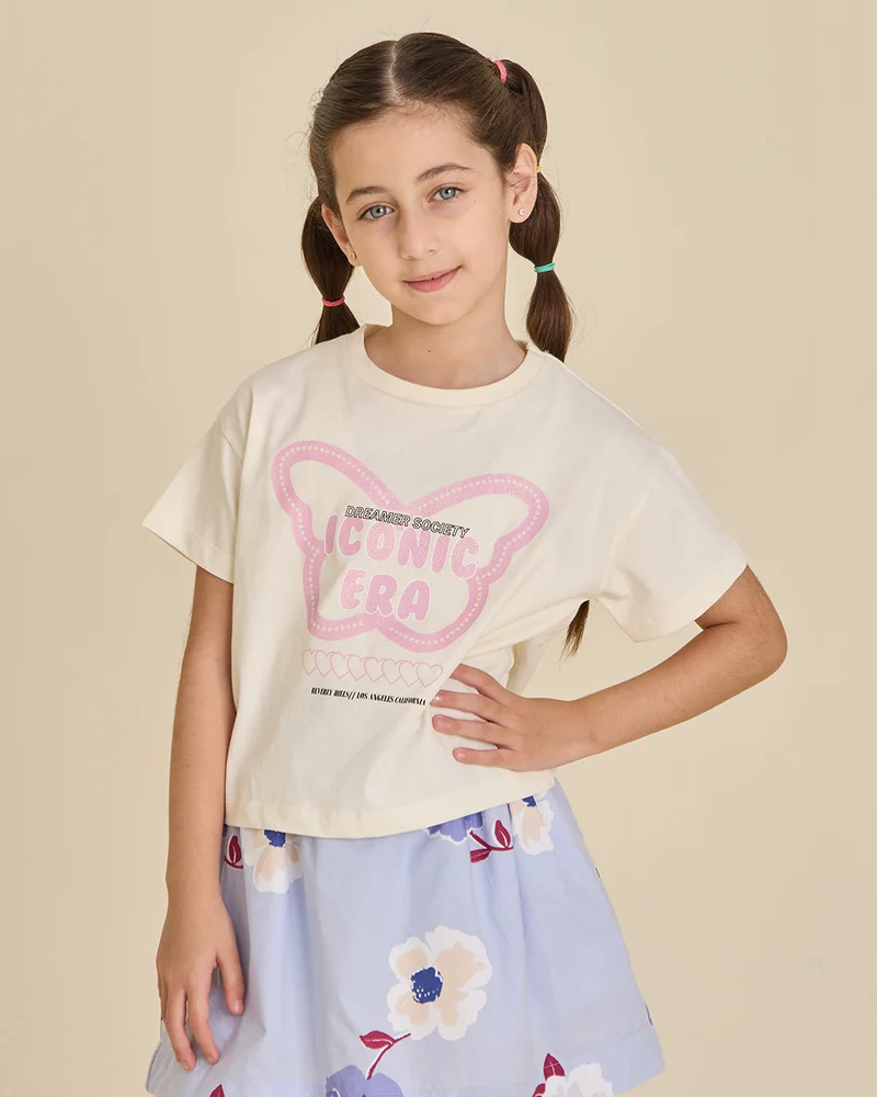 REDTAG Girls Cream Printed T-Shirt