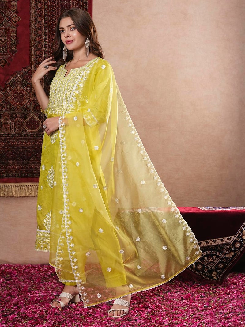 GoSriKi Women's Rayon Blend Straight Embroidered Kurta with Pant & Dupatta (Carlton LEMON-VKS07-GS_M_Lemon_Medium) - Image 3