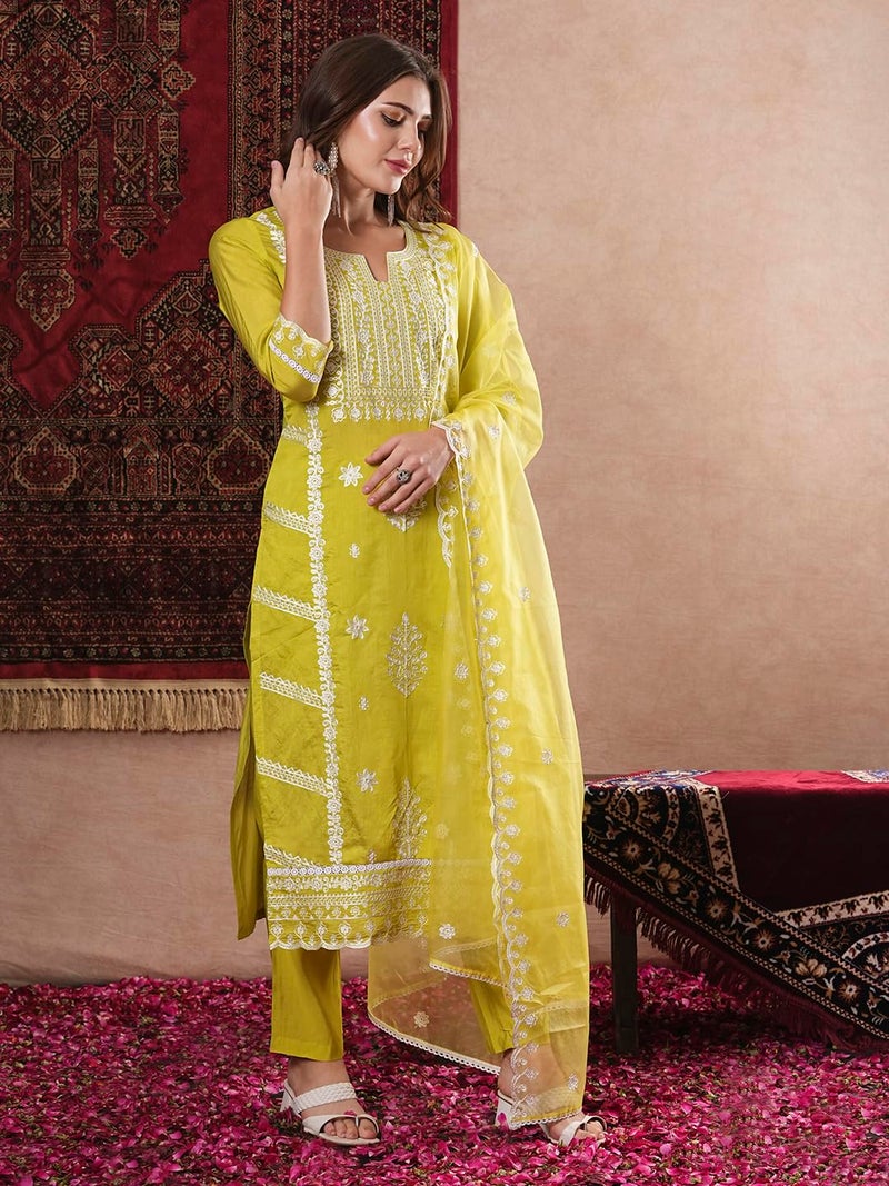 GoSriKi Women's Rayon Blend Straight Embroidered Kurta with Pant & Dupatta (Carlton LEMON-VKS07-GS_M_Lemon_Medium) - Image 4