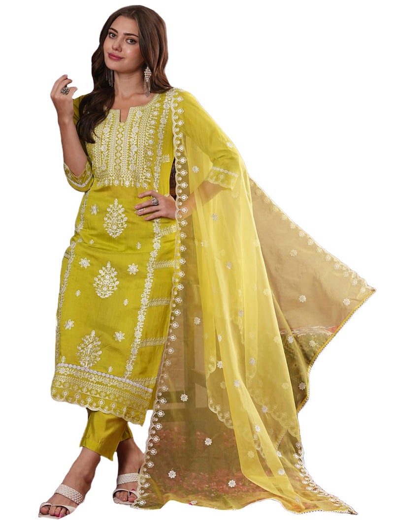 GoSriKi Women's Rayon Blend Straight Embroidered Kurta with Pant & Dupatta (Carlton LEMON-VKS07-GS_M_Lemon_Medium) - Image 1