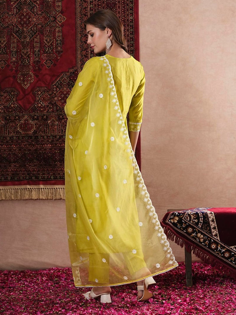 GoSriKi Women's Rayon Blend Straight Embroidered Kurta with Pant & Dupatta (Carlton LEMON-VKS07-GS_M_Lemon_Medium) - Image 2