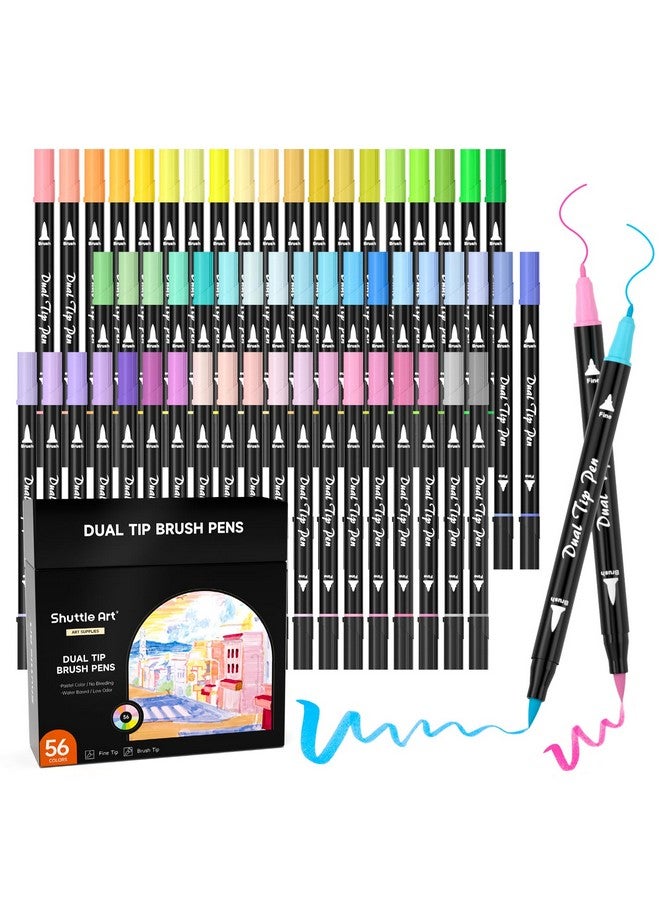 Shuttle Art 56 Pastel Colors Dual Brush Pen Art Markers, Fine and Brush Tip Markers perfect for Kids Adult Artist Coloring Books Calligraphy Hand Lettering Journal Doodling Writing - Image 1