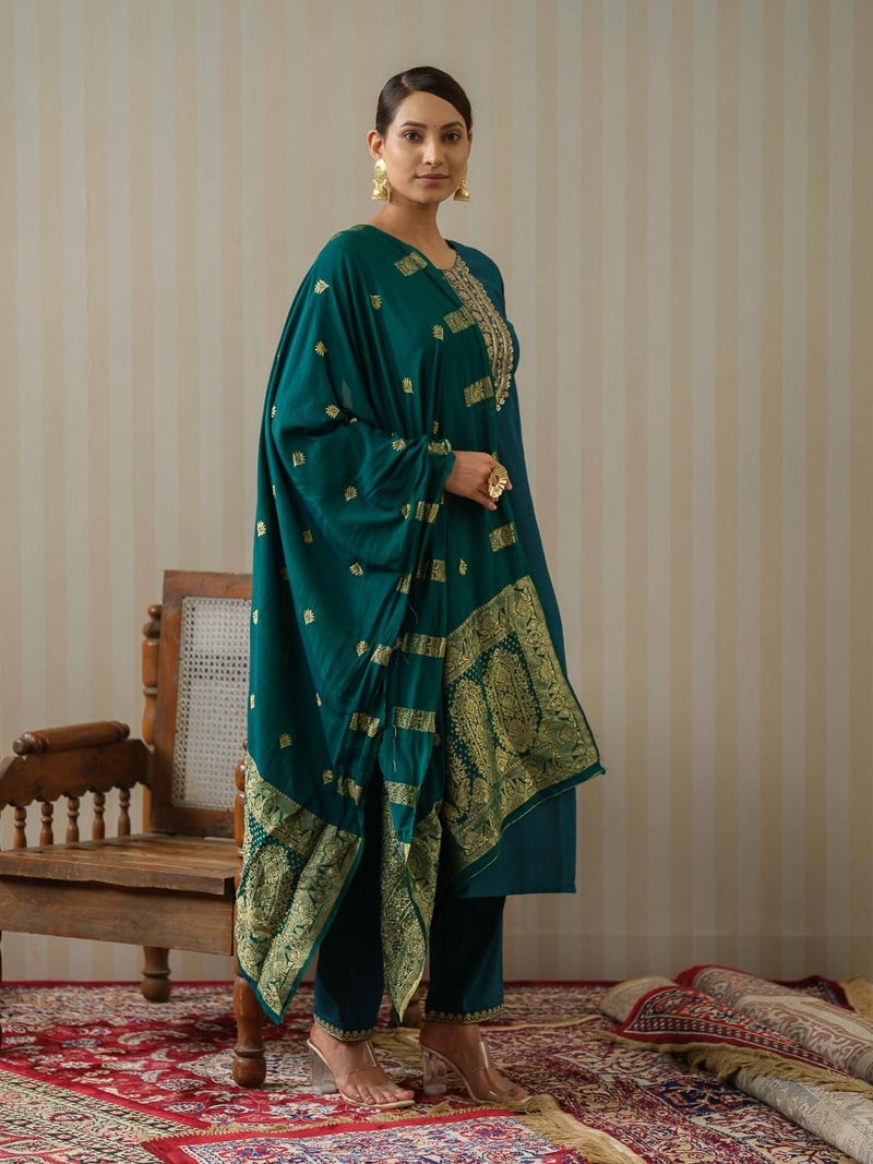 Kaari Women's Embroidered Kurti Set with Dupatta | Ethnic Suits with Embellished Dupatta | Everyday and Festive Kurti Set for Women|Rama|2XL - Image 3