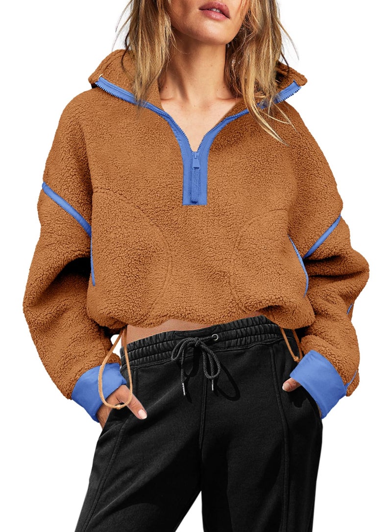 Yanekop 1/4 Zip Pullover Women Zip Up Sweatshirt Fleece Pullover Christmas Sweaters Long Sleeve V Neck Sweaters(Camel Blue,M) - Image 2