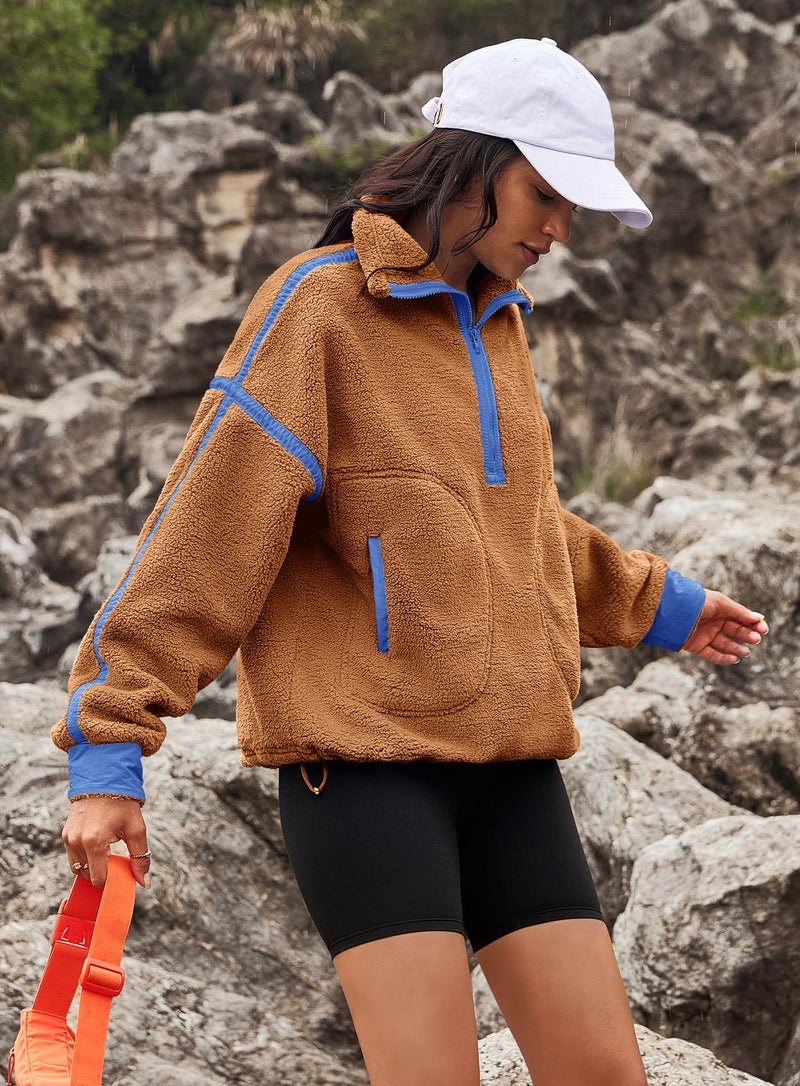 Yanekop 1/4 Zip Pullover Women Zip Up Sweatshirt Fleece Pullover Christmas Sweaters Long Sleeve V Neck Sweaters(Camel Blue,M) - Image 3