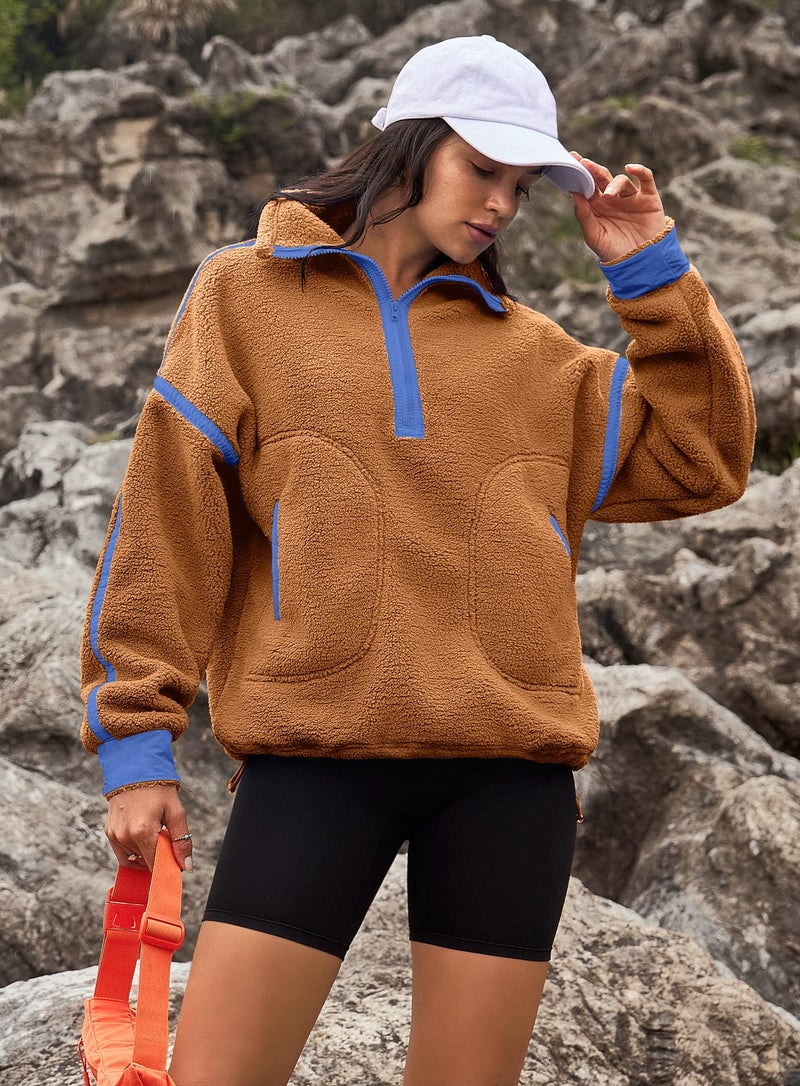 Yanekop 1/4 Zip Pullover Women Zip Up Sweatshirt Fleece Pullover Christmas Sweaters Long Sleeve V Neck Sweaters(Camel Blue,M) - Image 4