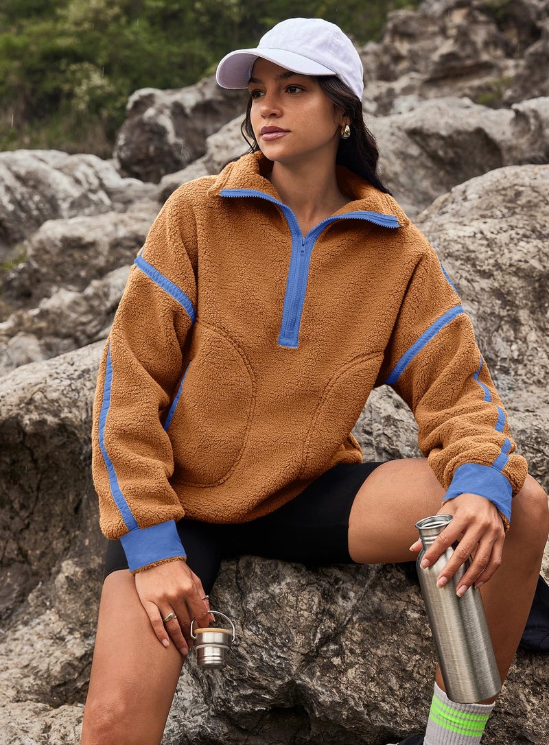 Yanekop 1/4 Zip Pullover Women Zip Up Sweatshirt Fleece Pullover Christmas Sweaters Long Sleeve V Neck Sweaters(Camel Blue,M) - Image 5