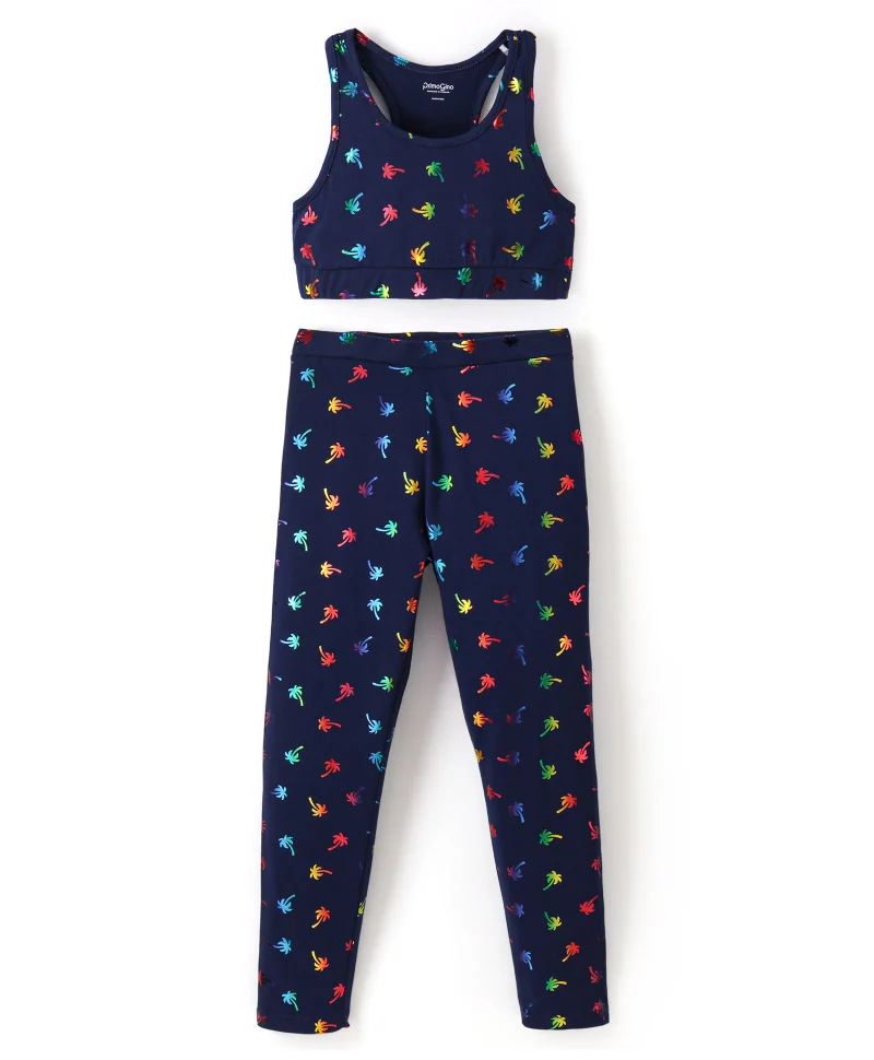 Primo Gino Primo Gino Cotton Elastane Sleeveless Top and Leggings Set Palm Tree Foil Print - Navy