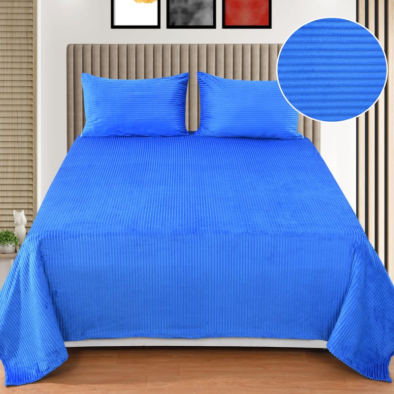 KAWI Velvet Pencil Print 300 GSM Warm Flannel Double Bed Elastic Fitted Fleece King Size Bedsheet with 2 Zipper Pillow Cover (72"x78" X10" Inch) - Blue Colour - Image 3