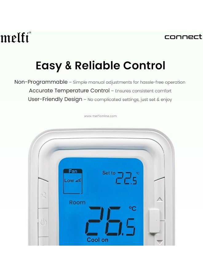 Melfi Home Digital Air Condition Manual Fcu Ac Thermostats With R Sense, 2 Pipe Heat/Cool Manual Or Auto 3-Speed Fan Control | Suitable For Chiller/Compressor Hvac System 230V Ac (Vertical Blue) - Image 3