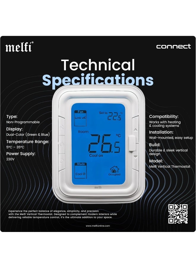 Melfi Home Digital Air Condition Manual Fcu Ac Thermostats With R Sense, 2 Pipe Heat/Cool Manual Or Auto 3-Speed Fan Control | Suitable For Chiller/Compressor Hvac System 230V Ac (Vertical Blue) - Image 2
