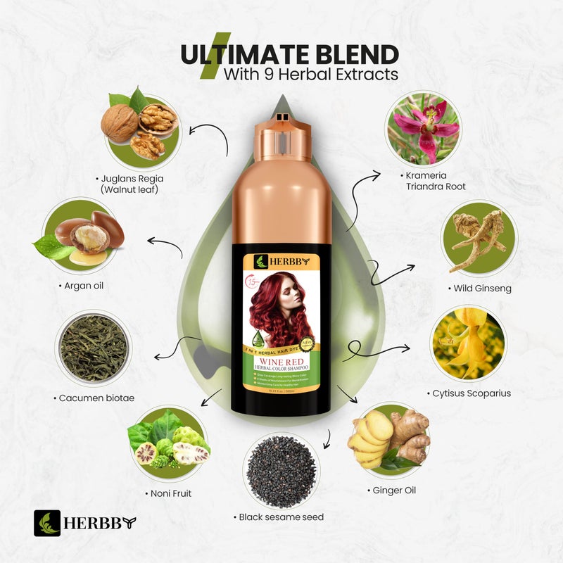 HERBBY Hair Color Shampoo for Gray Hair Coverage&Color Transform with 9 Herbal Extracts â€“Long Lasting(6-8 Weeks),Shiny,Evenly Colored,Instant Hair Dye Shampoo&Conditioner, 500 Ml (WINE RED COLOR) - Image 4