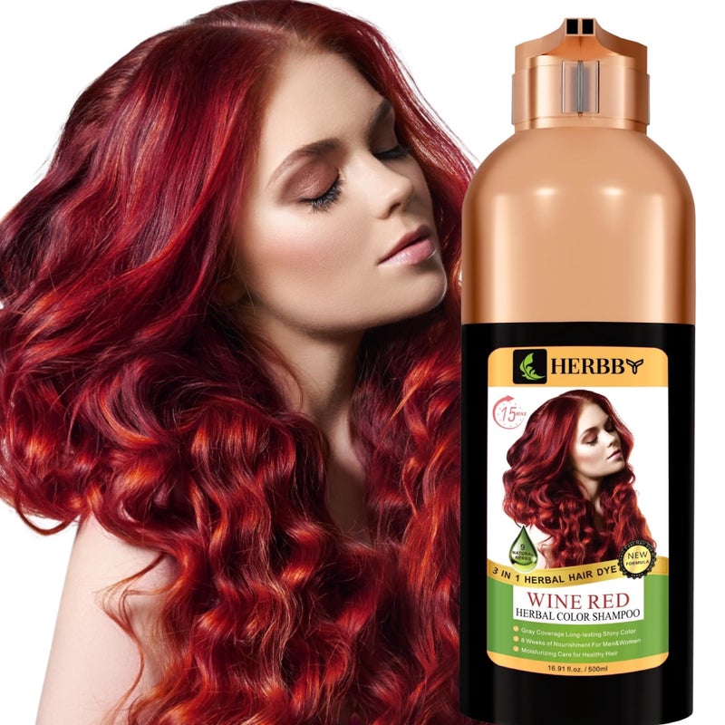 HERBBY Hair Color Shampoo for Gray Hair Coverage&Color Transform with 9 Herbal Extracts â€“Long Lasting(6-8 Weeks),Shiny,Evenly Colored,Instant Hair Dye Shampoo&Conditioner, 500 Ml (WINE RED COLOR) - Image 1