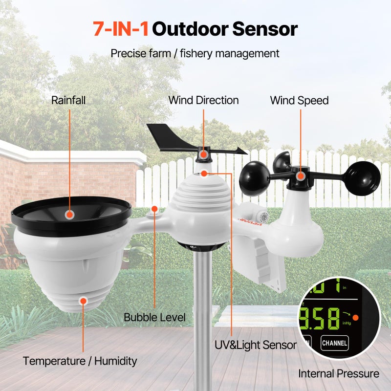 VEVOR YT60234 WiFi Weather Station 7-in-1, Weather Stations WiFi Indoor Outdoor, 7.5" Color Display for Weather Forecast, Temperature, Humidity, UV, Air Pressure, Wind Speed&Direction, Rain, Alarm - Image 2