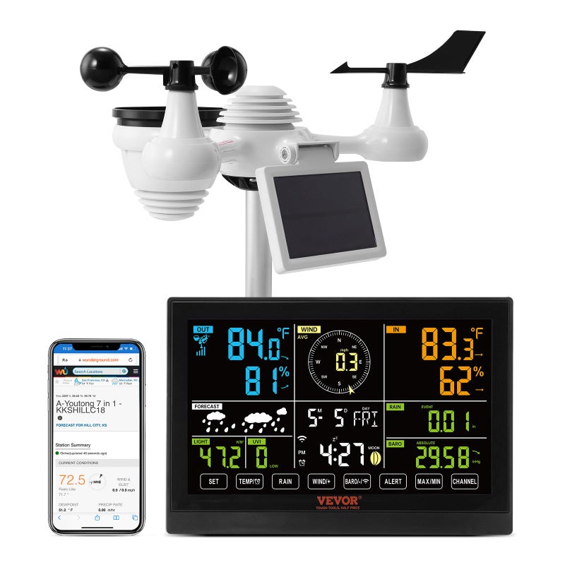VEVOR YT60234 WiFi Weather Station 7-in-1, Weather Stations WiFi Indoor Outdoor, 7.5" Color Display for Weather Forecast, Temperature, Humidity, UV, Air Pressure, Wind Speed&Direction, Rain, Alarm - Image 1