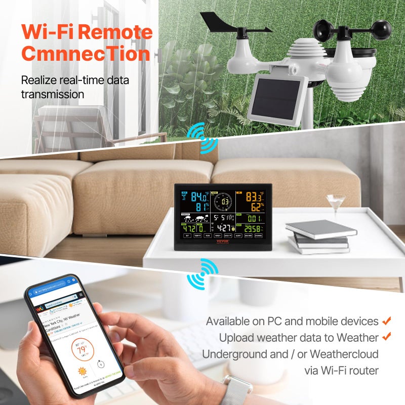 VEVOR YT60234 WiFi Weather Station 7-in-1, Weather Stations WiFi Indoor Outdoor, 7.5" Color Display for Weather Forecast, Temperature, Humidity, UV, Air Pressure, Wind Speed&Direction, Rain, Alarm - Image 3