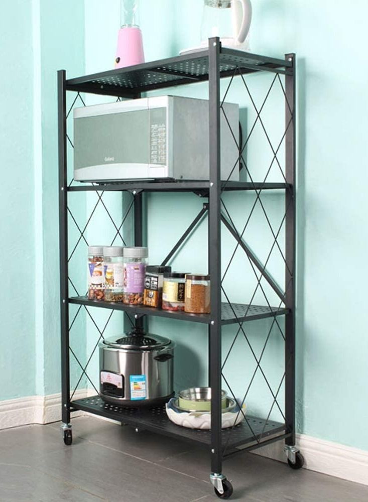 DubaiGallery Multi-Shelf Collapsible Storage Shelves for Home Garage Kitchen Cabinet, Metal Wire, 4-Inch Folding Organizer Rack on Wheels, Metal Organizer Wire Rack, Black/White (4 Shelves (Black)) - Image 1