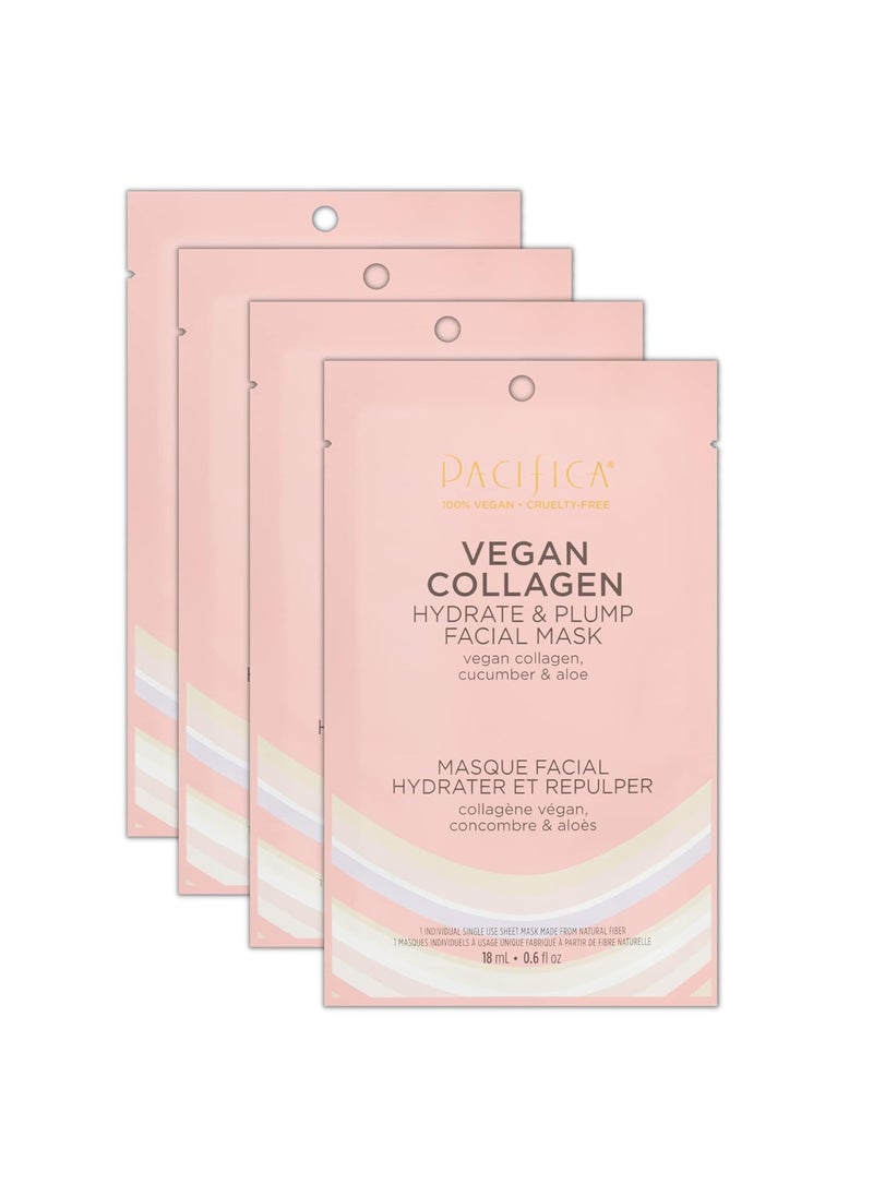 Pacifica Pacifica Beauty Vegan Collagen Hydrate and Plump Facial Mask Skincare Sheet Mask Cucumber Aloe Moisturizing Hydrating Face Care Collagen Face Mask For Dry Skin and Aging Skin 4 Sheets 
