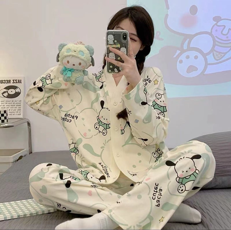 Trendy New Cardigan Pajama Set with Long Sleeves and Long Pants, Suitable for Spring and Autumn, Comfortable and Breathable, Can Be Worn Outside, Sweet and Girly - Image 1