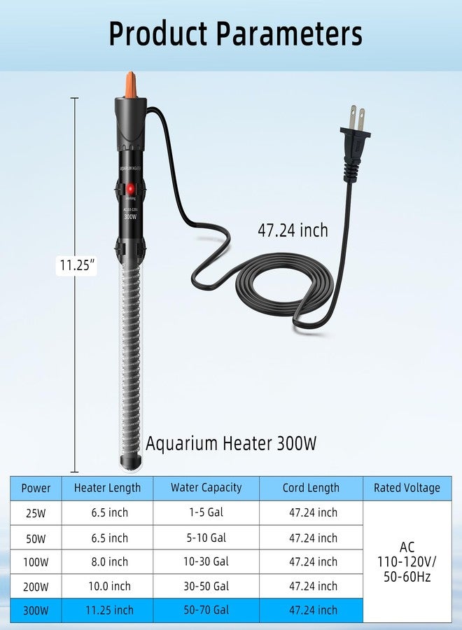 HiTauing Aquarium Heater 25W/50W/100W/200W/300W, Adjustable Knob Fish Tank Heater with Digital Thermometer, Submersible Betta/Turtle Tank Heater for Freshwater and Saltwater Tanks - Image 2
