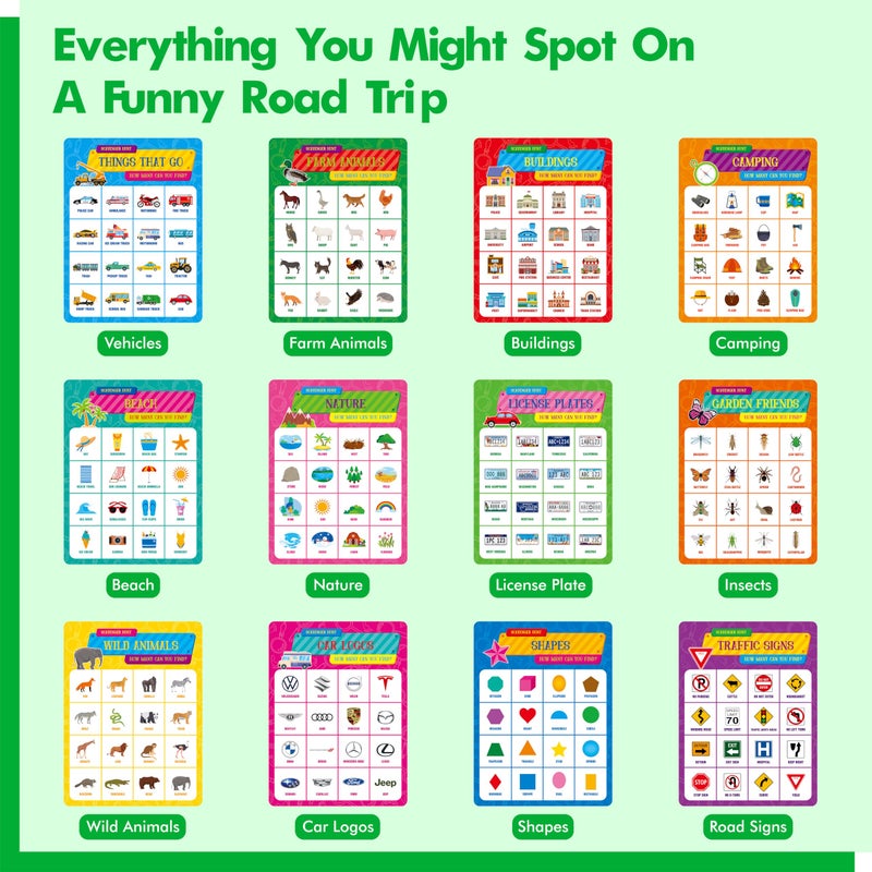 Gethelud Road Trip Bingo Game, 30 Double-Sided Game Boards (Animal, Holiday, Building, Vehicle Themes), Dry-Erase Scavenger Hunt Bingo Games for Road Trip, Car Travel, Outdoor Activities for Kid, Adult - Image 3