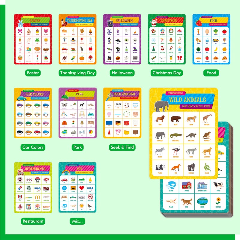 Gethelud Road Trip Bingo Game, 30 Double-Sided Game Boards (Animal, Holiday, Building, Vehicle Themes), Dry-Erase Scavenger Hunt Bingo Games for Road Trip, Car Travel, Outdoor Activities for Kid, Adult - Image 4