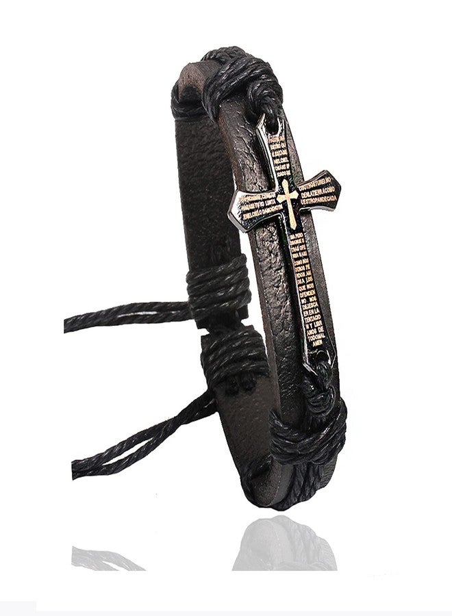 Fusamk Fashion Religious Cross Spain Lord's Prayer Bracelet Leather Rope Bracelet - Image 1