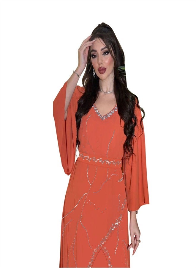 Loquat Long Sleeved Chiffon Jumpsuit Jalabiya  Musilm Orange  - Image 2