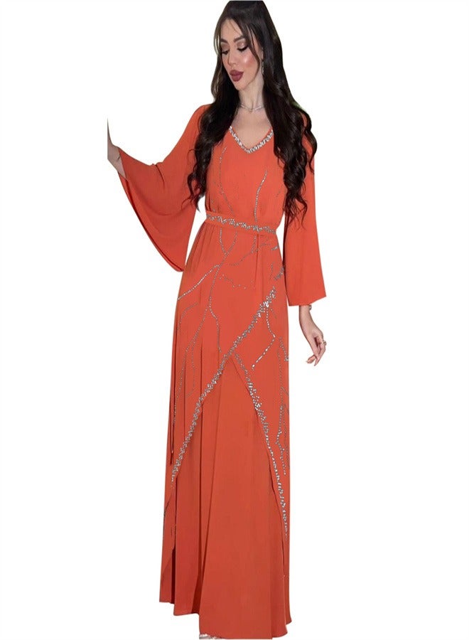 Loquat Long Sleeved Chiffon Jumpsuit Jalabiya  Musilm Orange  - Image 1