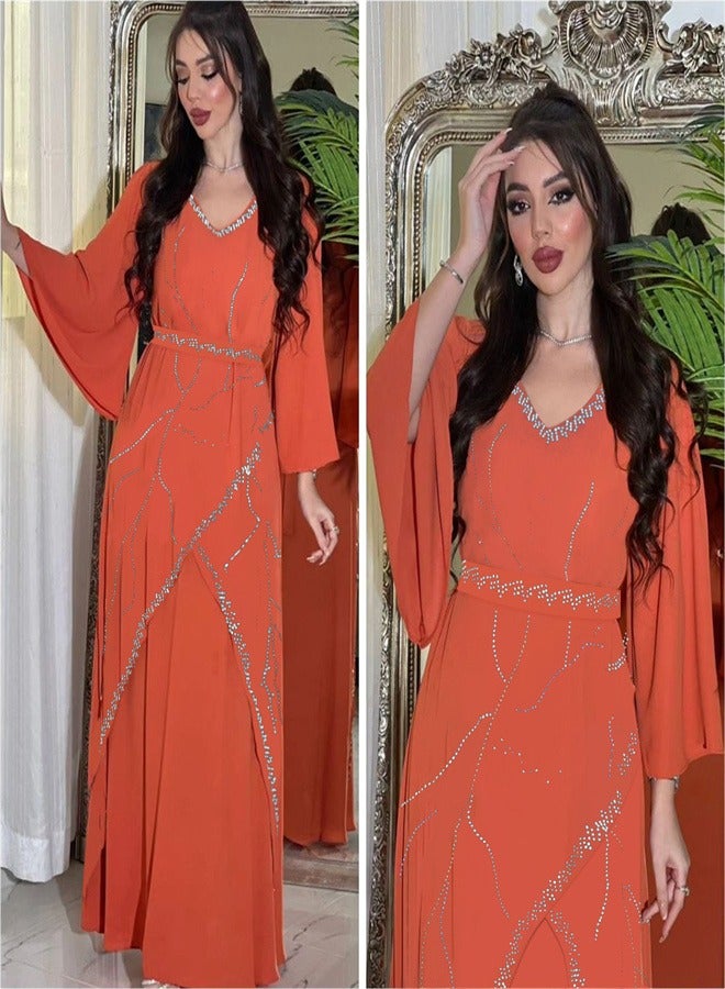 Loquat Long Sleeved Chiffon Jumpsuit Jalabiya  Musilm Orange  - Image 3