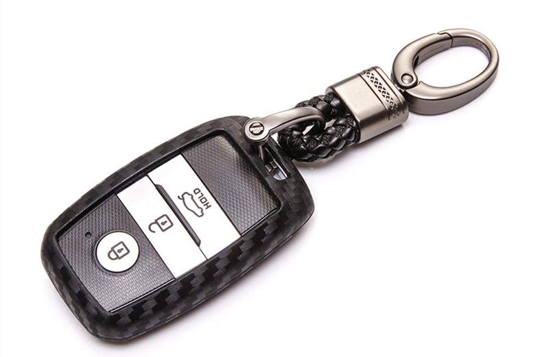 JVCV® Carbon Fiber Pattern Silicone Key Cover Compatible for Kia Seltos Sonet Carens Push Button Start Car Key with keychain(Black). - Image 1