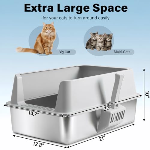 Yollber 2PACK Stainless Steel Cat Litter Box with Lid, XL Metal Litter Box, Extra Large Litterbox for Big Cats, High Sided | Easy Cleaning | Odor-Free Includes Scoop and Mat - Image 5