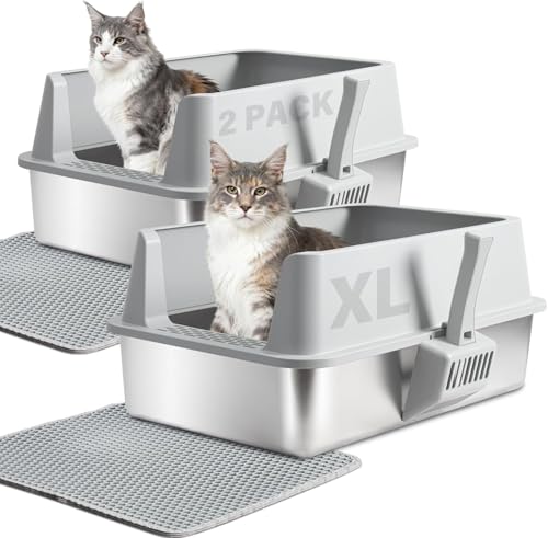 Yollber 2PACK Stainless Steel Cat Litter Box with Lid, XL Metal Litter Box, Extra Large Litterbox for Big Cats, High Sided | Easy Cleaning | Odor-Free Includes Scoop and Mat - Image 1