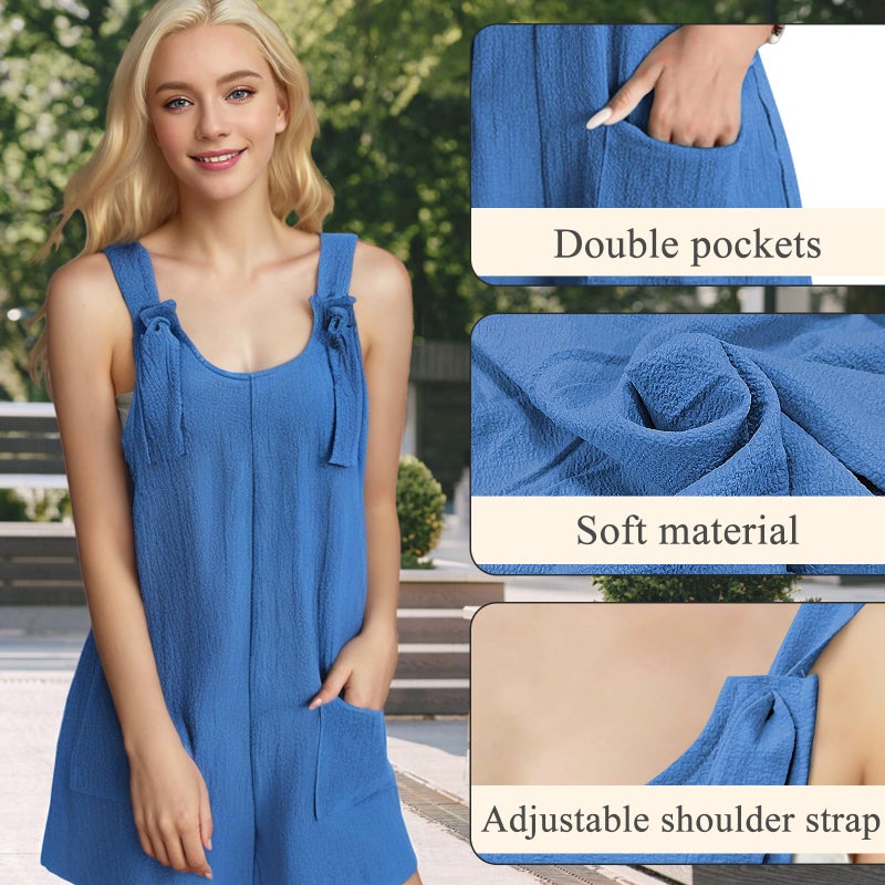 Feelorna Rompers for Women, Casual Adjustable Tie Straps Overalls Summer Loose Wide Leg Short Jumpsuits with Pockets (Blue, Large) - Image 2