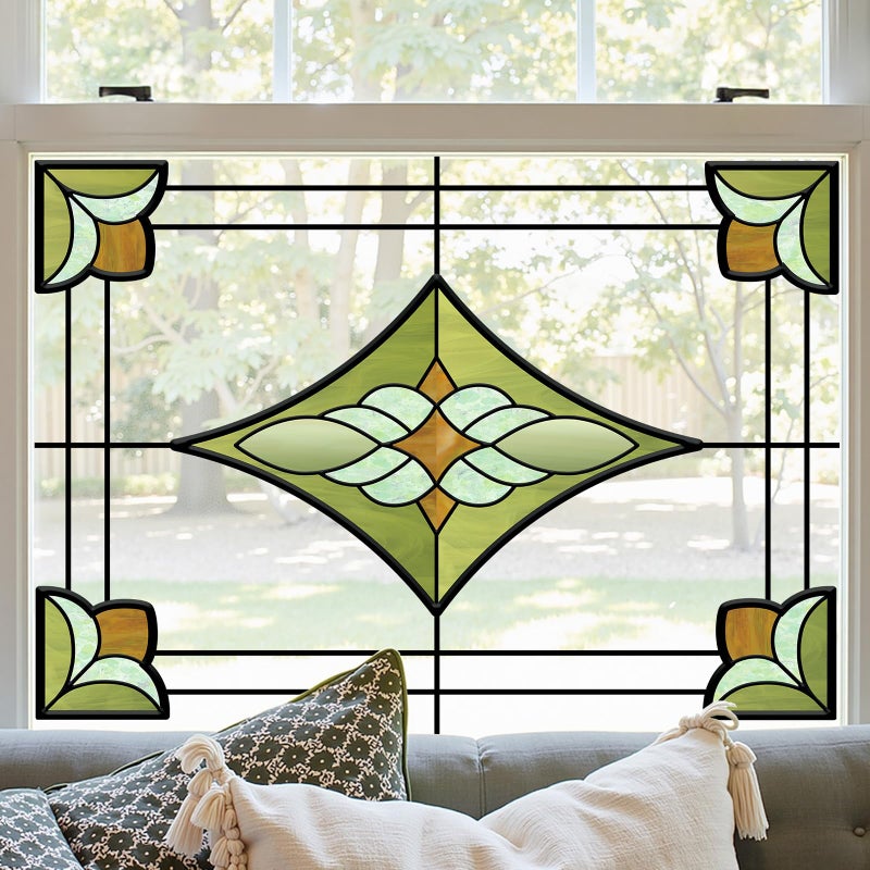 ADD.HERES Window Stickers, â€ŒStained Glass Window Privacy Film, UV Blocking Static Cling for Home Kitchen Office Bathroom, Verdant Prism, 11.81" X 15.75" - Image 1